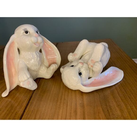 Ceramic Long Floppy Ear Bunnies Rabbits "Lopsy & Topsy" Vintage Holiday Figurine - Picture 8 of 8